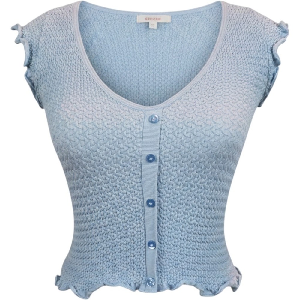 Out From Under Textured Button Front Ruffle Crop Baby Tee Blue Top Womens XS